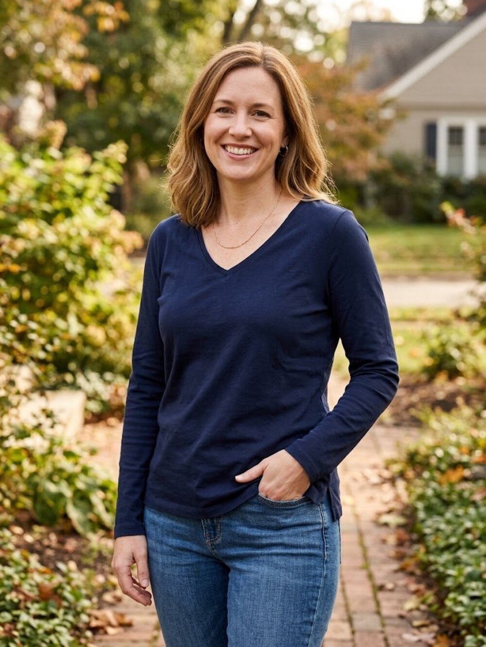Talbots 100% Cotton Long Sleeve V-Neck Cotton Tee in Navy Blue